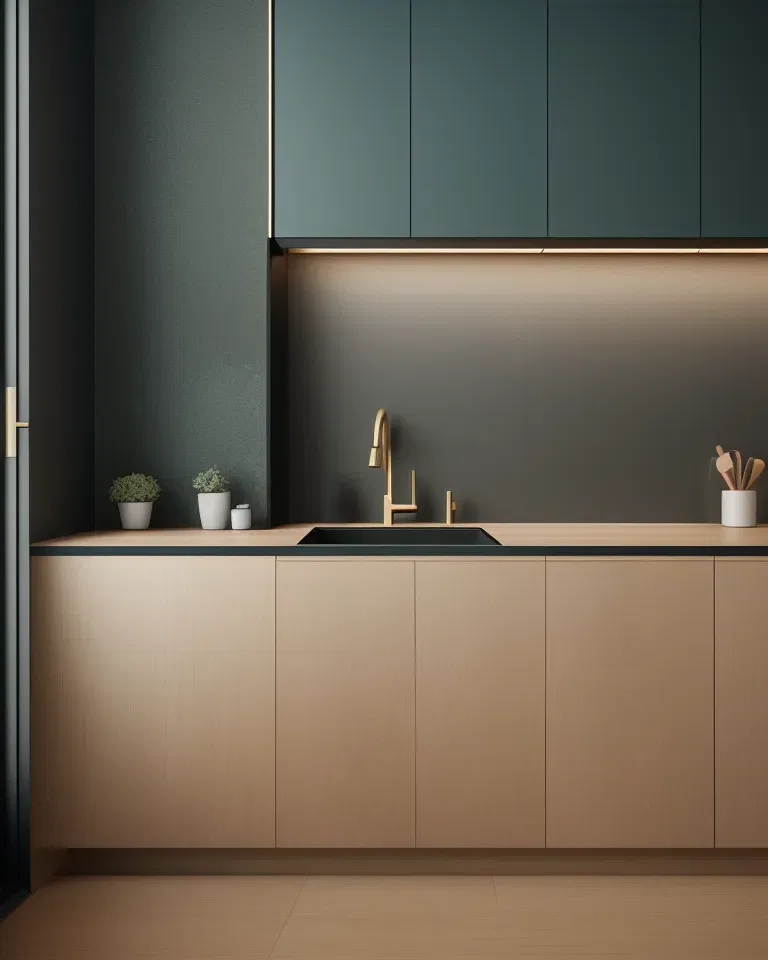 Modern kitchen with wooden cabinets and dark green wall