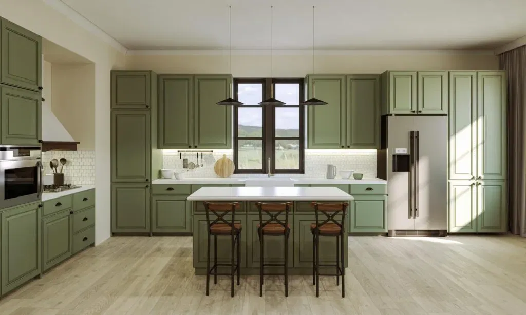 Modern kitchen with green cabinets and wooden floor