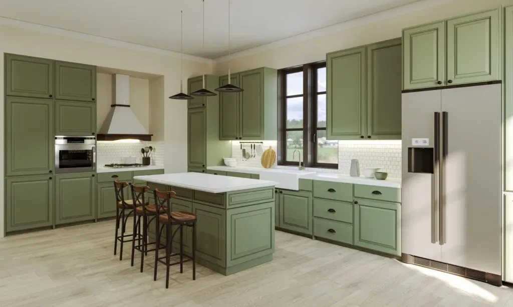 Modern kitchen with green cabinets and wooden stools
