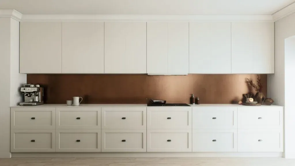 Modern kitchen with white cabinets and copper backsplash
