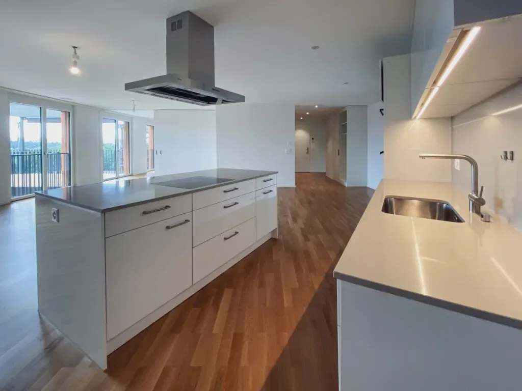 Modern kitchen with island and wooden flooring