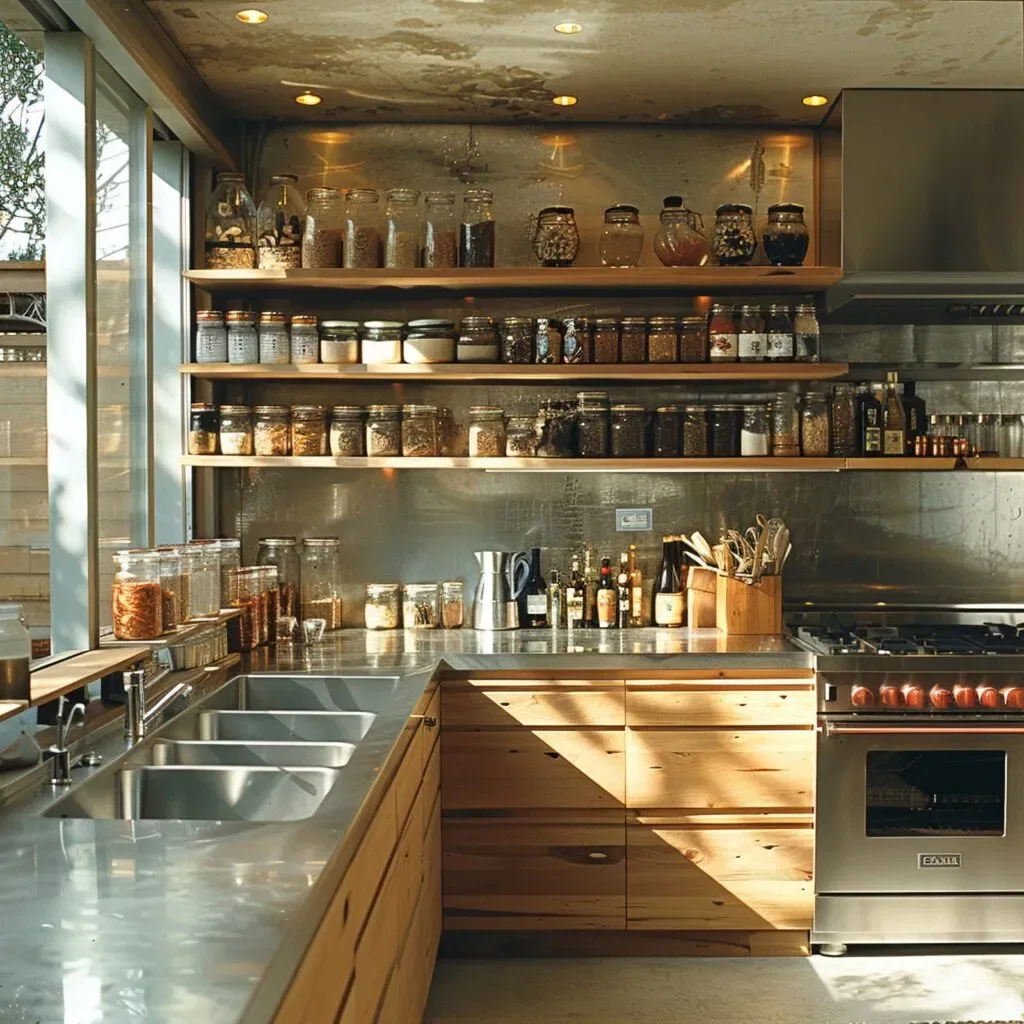 Modern kitchen with wooden cabinets and organized jars