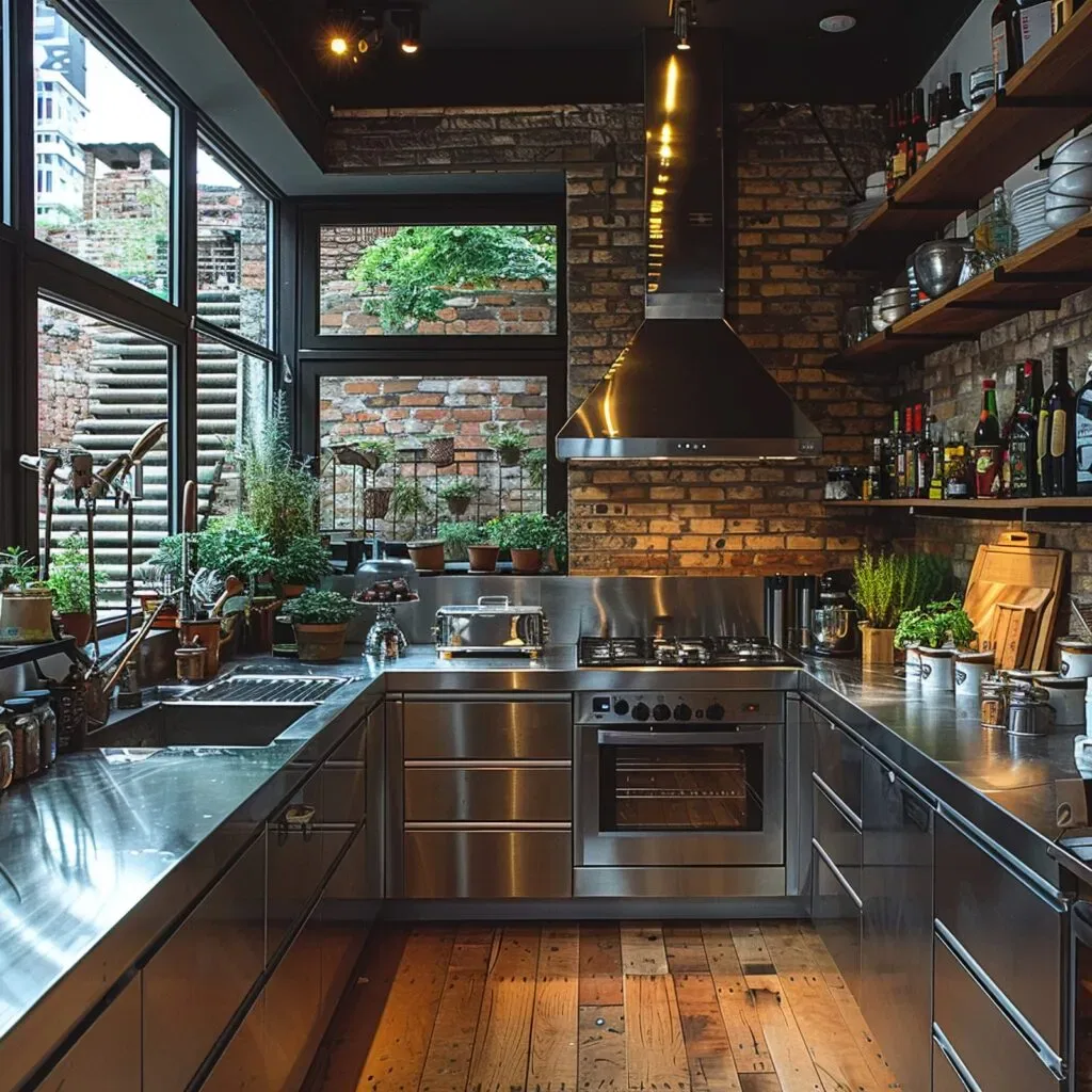 Modern kitchen with stainless steel appliances and brick walls.