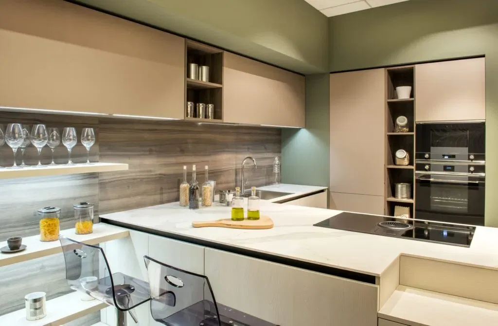 Modern kitchen with sleek wood finishes and built-in appliances