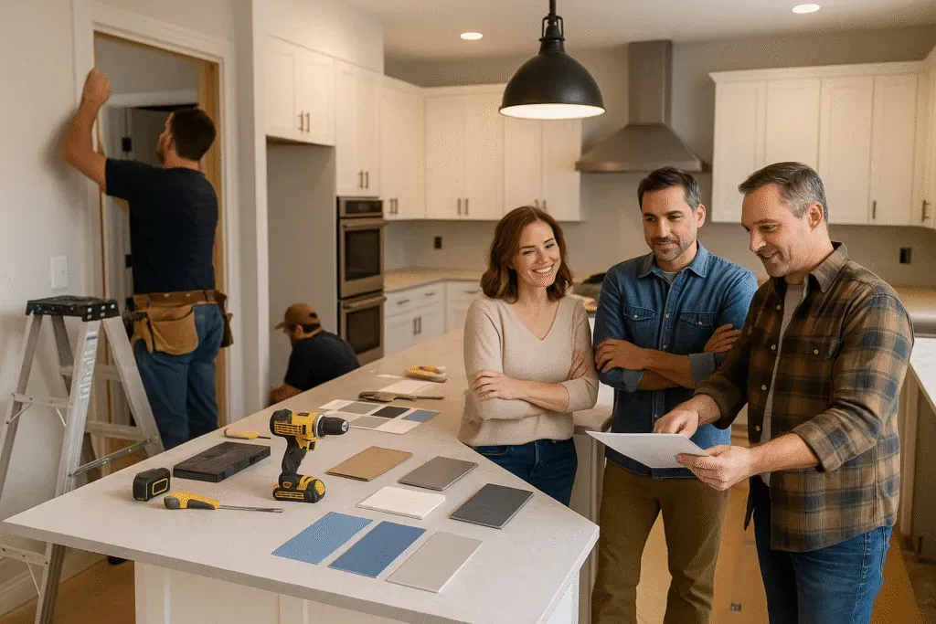 Home renovation planning with couple and contractors