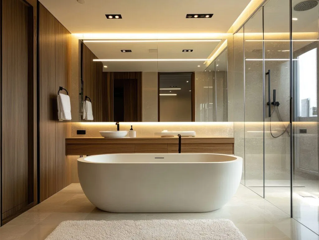 modern bathroom design featuring a freestanding tub large walk in shower and wooden accents in a stylish urban setting