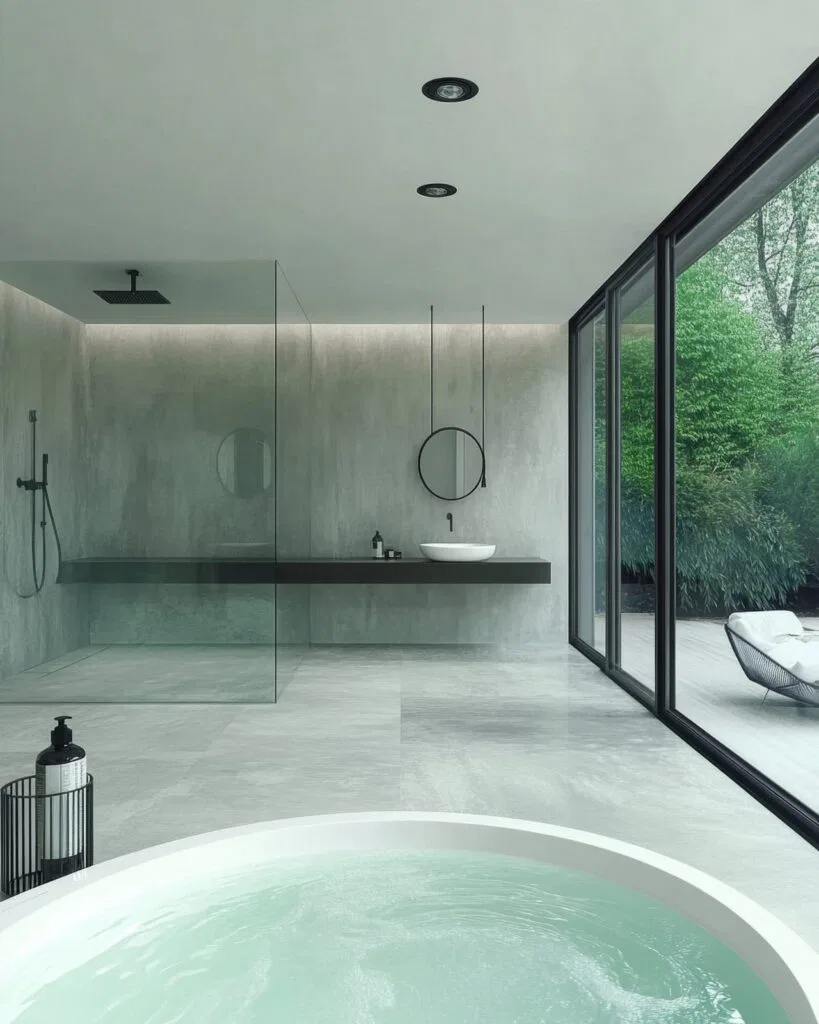 modern bathroom featuring an oval bathtub walk in shower floating vanity and large windows overlooking lush greenery