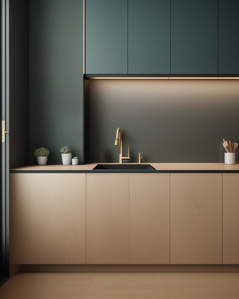 Modern kitchen with wooden cabinets and dark green wall