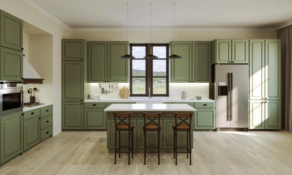 Modern kitchen with green cabinets and wooden floor