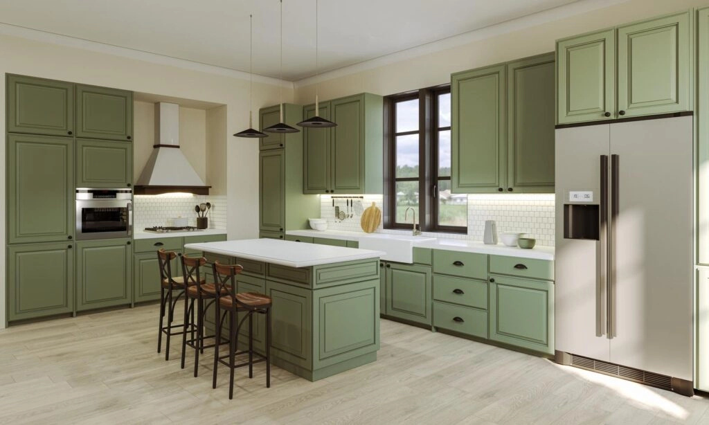 Modern kitchen with green cabinets and wooden stools