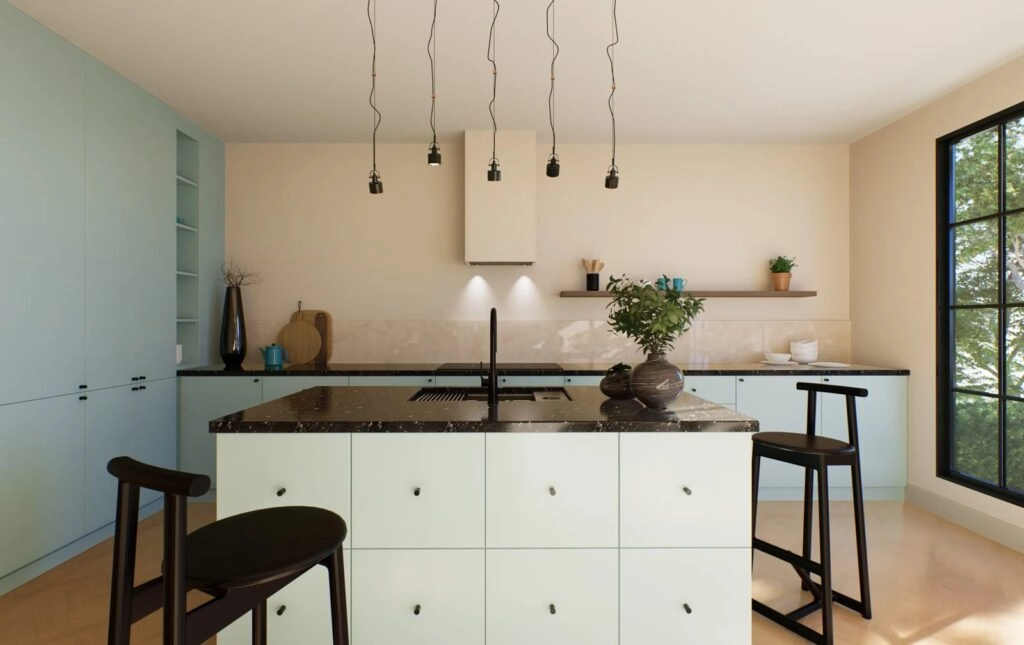 Modern kitchen interior with elegant lighting and decor