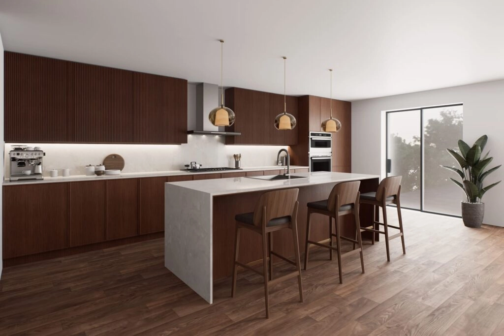 Modern kitchen with wooden cabinets and marble island