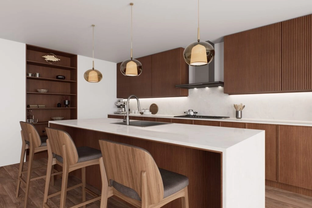 Modern kitchen with wooden cabinets and pendant lights