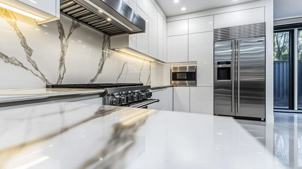 Modern kitchen with marble backsplash and stainless appliances
