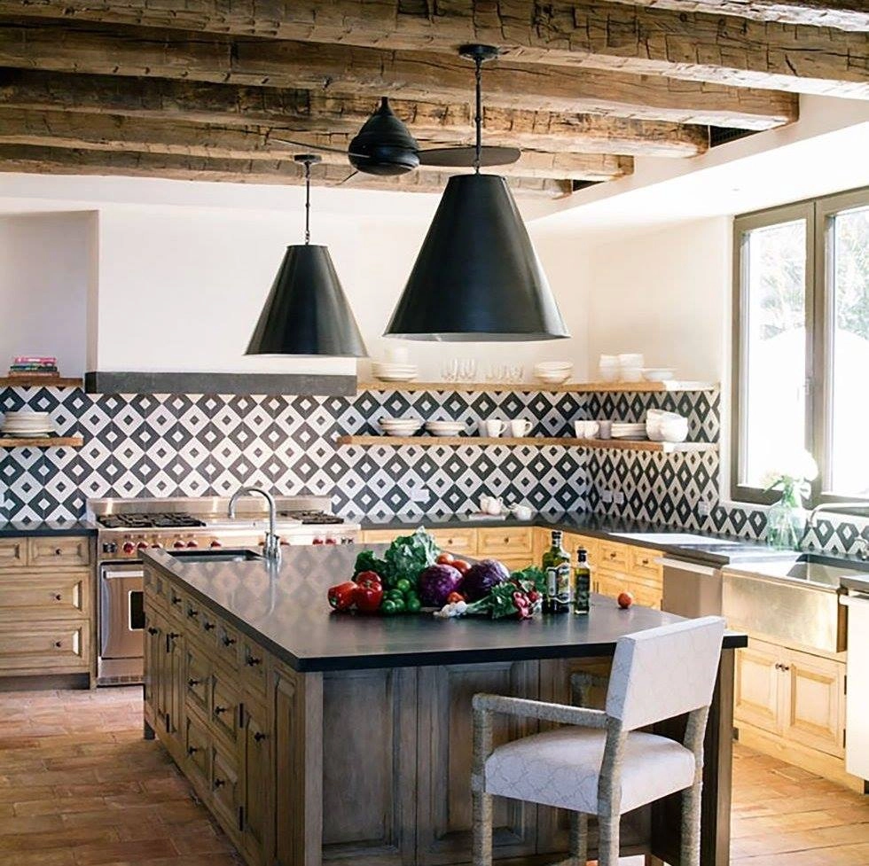 Modern kitchen with geometric backsplash and pendant lights