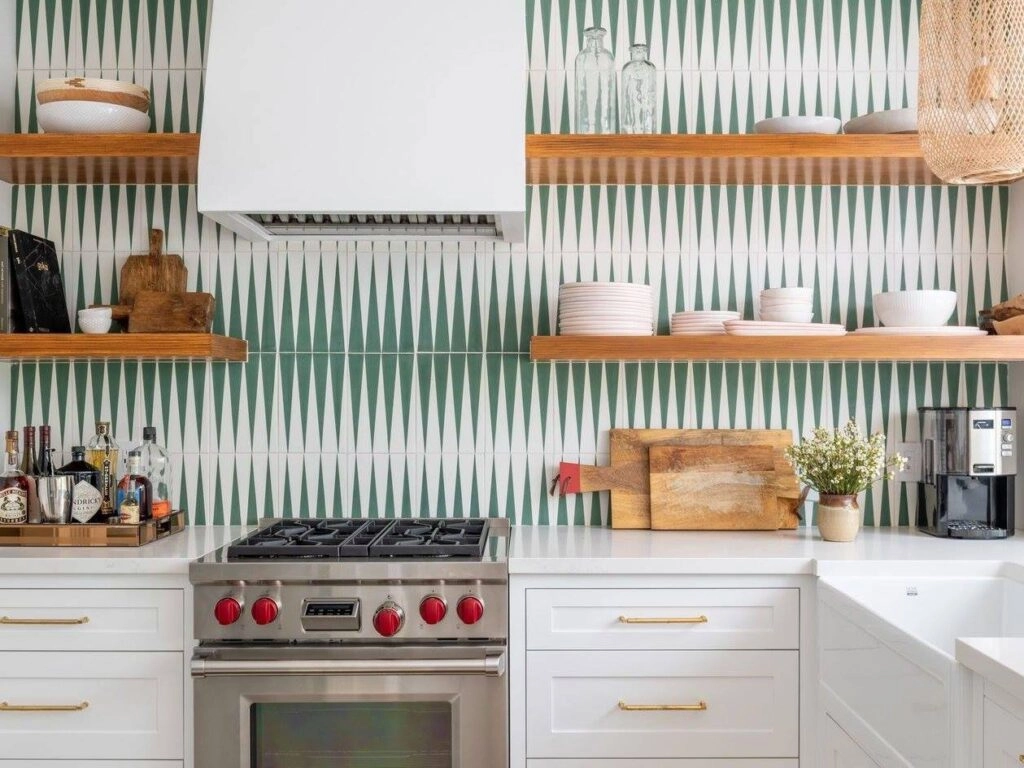Modern kitchen with green striped walls and wooden shelves