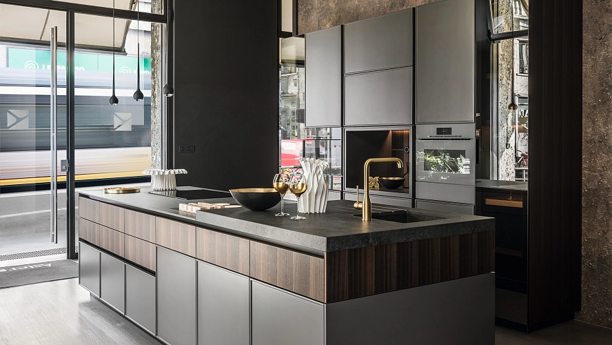 Modern kitchen interior with sleek design and city view