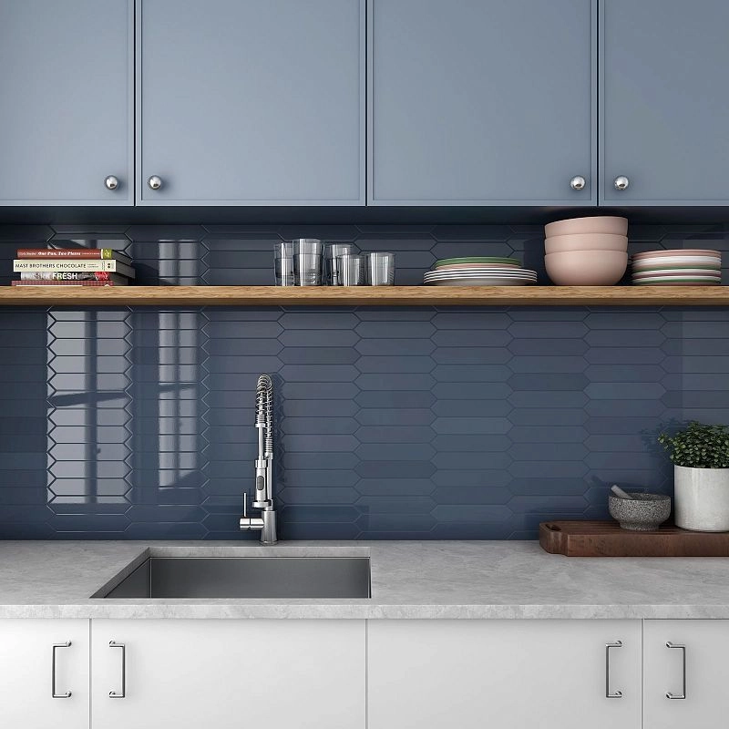 Modern kitchen with blue cabinets and floating shelves