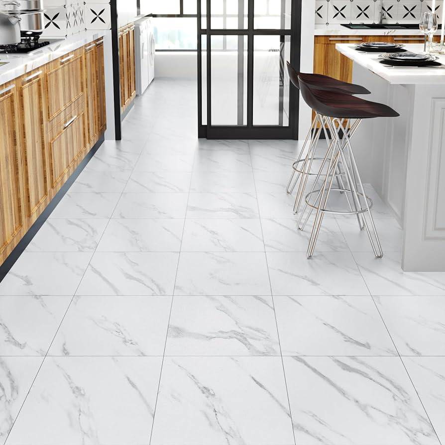 Modern kitchen with white marble floor and wood cabinets
